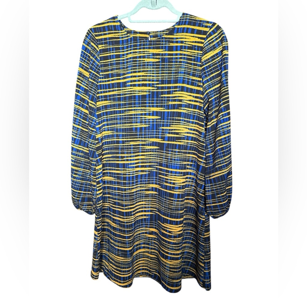Blue and Yellow Abstract Stripe Long Sleeve Dress